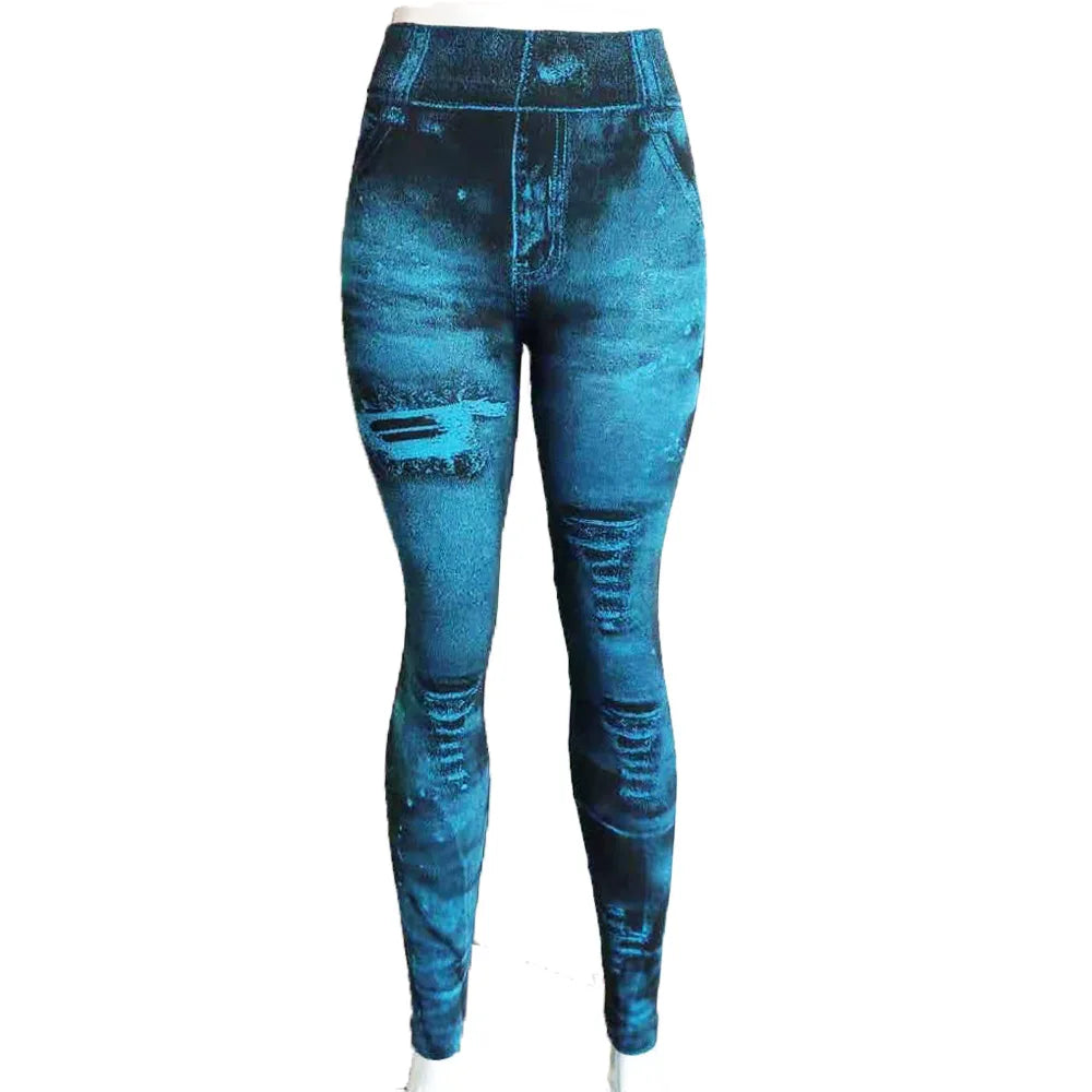 Women Imitation Distressed Denim Jeans Leggings High Waist Pants Fitness Slim Legg Mujer 2022 Sport Push Up Leggings for Women