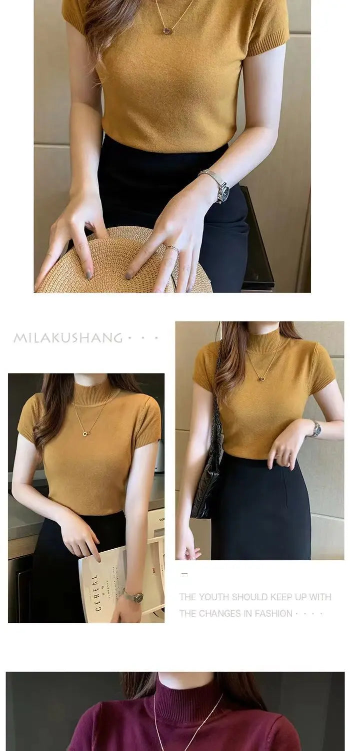 Womens Tops And Blouses Summer Short Sleeve Blouse Women Blusas Mujer De Moda 2023 Turtleneck Knitted Blouse Shirt Tops