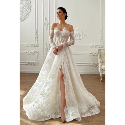 White Flowers Embroidery Lace Wedding Dresses Long Sleeves Strapless vestidos Side Slit Customized FormalEvening BridesmaidDress