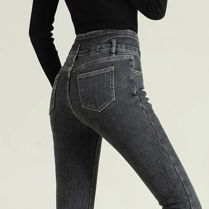 New Women's High Waist Stretch Jeans Blue Black Gray Fashionable and Versatile Multi-button Popular Slim Denim Long Pants Female