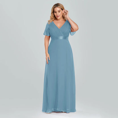 Plus Size Evening Dresses Long XUCTHHC Elegant A Line V Neck Ruffles Chiffon Formal Wedding Party Dress Robe De Soiree 2021
