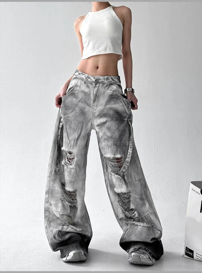 Women Tie Dye Ripped Jeans Woman Abandoned Soil Style Wide Leg Pants Summer Loose Workwear Denim Retro Vintage Trousers