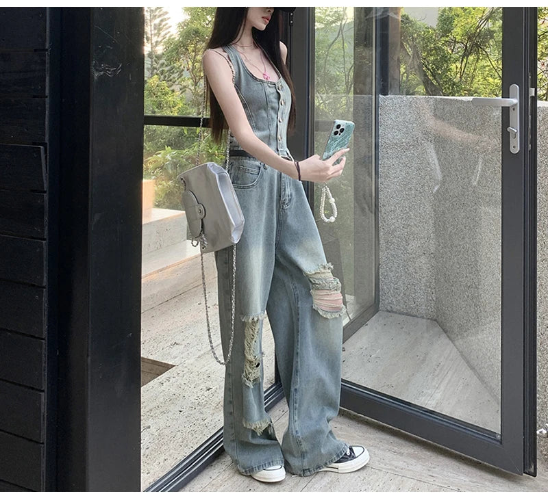 Women's Casual Denim Overalls Vintage Button Down Sexy Backless Holes Hollow Out Ripped Denim Full Pants Female 2024 New Jeans
