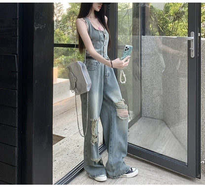 Women's Casual Denim Overalls Vintage Button Down Sexy Backless Holes Hollow Out Ripped Denim Full Pants Female 2024 New Jeans