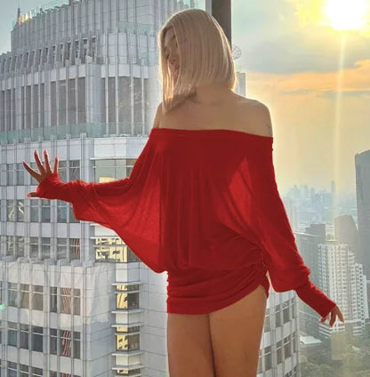 Fashion Off Shoulder Sheer Mini Dress Outfits For Women Hot Sexy Long Sleeve Ruched Party Dresses Bodycon Solid Color Robe Femme