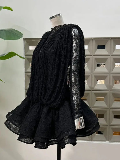 Chic Sheer Three Pieces Mini Dresses For Women Sexy O Neck Long Sleeve Tops Shorts Celebrity See Through Birthday Luxury Outfit