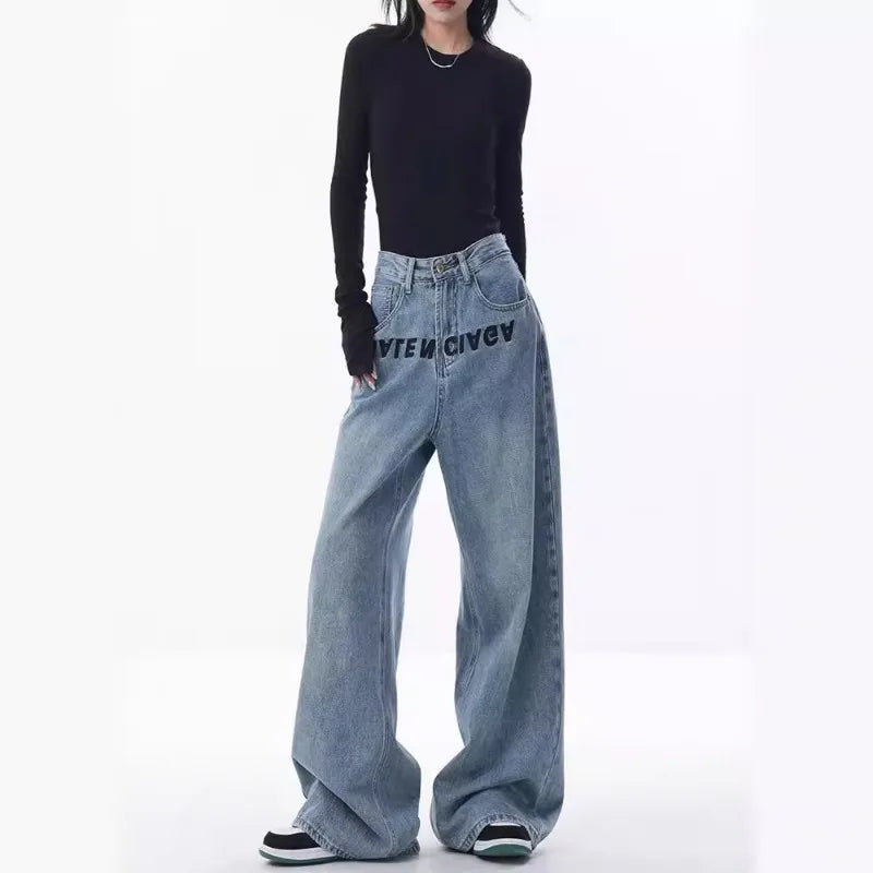 2024 New Blue Jeans Women Embroidered Design Sense Loose Wide Leg Pants Casual Street Style Pants