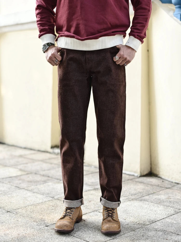 Saucezhan Men Jeans Brown Jeans Men Jeans Trousers  Selvedge Denim Jeans for Men Taper Fit Mens Jeans vintage 13.8 Oz