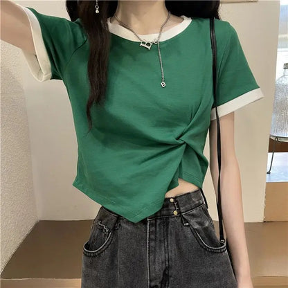 Women's Tops Trendy French Niche Girls T-shirts Chic Irregular Splicing Contrasting Colors Korean Style Modification Ins Style
