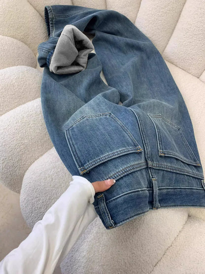 Jeans Women's Autumn and Winter Narrow Version Warm Wide-leg Velvet High-waisted Floor-mopping Pants Thickened Loose Retro