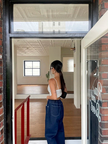 Korean Ins Retro Versatile High Waist Women's Straight Leg Jeans Summer New Fashion Loose Drawstring Design Women Wide Leg Jeans