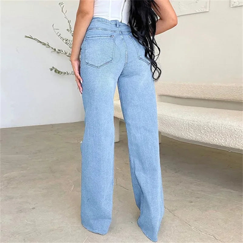 Women Knee Broken Holes Trend Straight Jeans Fashion Comfortable Casual High Waist Denim Pants Female Loose Wide Leg Trousers 24