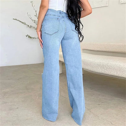 Women Knee Broken Holes Trend Straight Jeans Fashion Comfortable Casual High Waist Denim Pants Female Loose Wide Leg Trousers 24