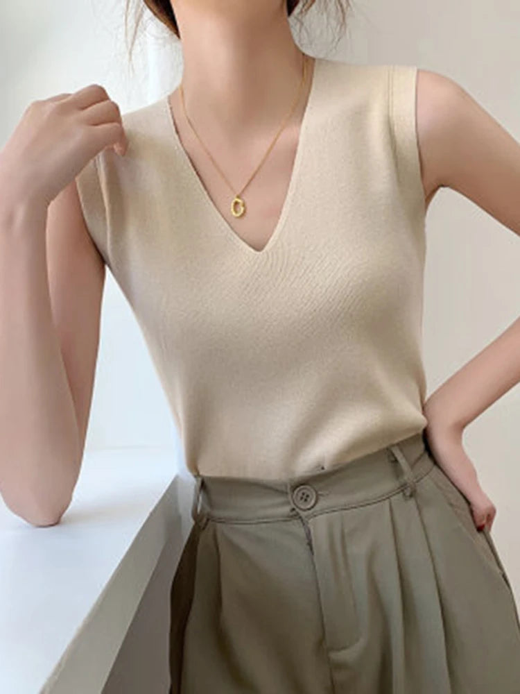 AOSSVIAO 2025 Summer Women Knitted Tank Tops Women Thin Tops Basic Casual Tank Tops V-neck Tees Sleeveless Tops For Women