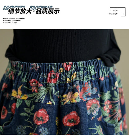 Jeans Flower Floral Print Autumn Wide Leg Pant Women Loose Pleated Fashion Ladies Oversized Trousers Elastic Waist Woman Pants
