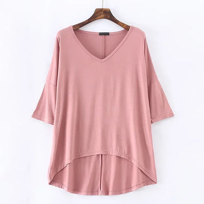 Fashion Tops Tees 2025 Summer T-shirt Women Half-Sleeve Solid Loose Shirt V-neck Oversize Basic Top Shirts for Women Casual