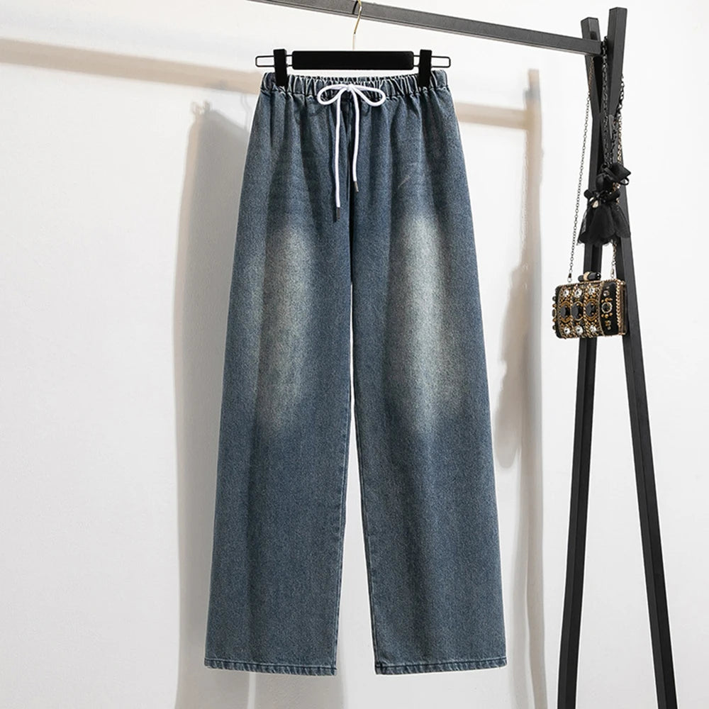 Oversized Jeans Women's 2025 New Spring Autumn Elastic Waist Lace-up Loose Gradient Wide Leg Long Female Denim Pants