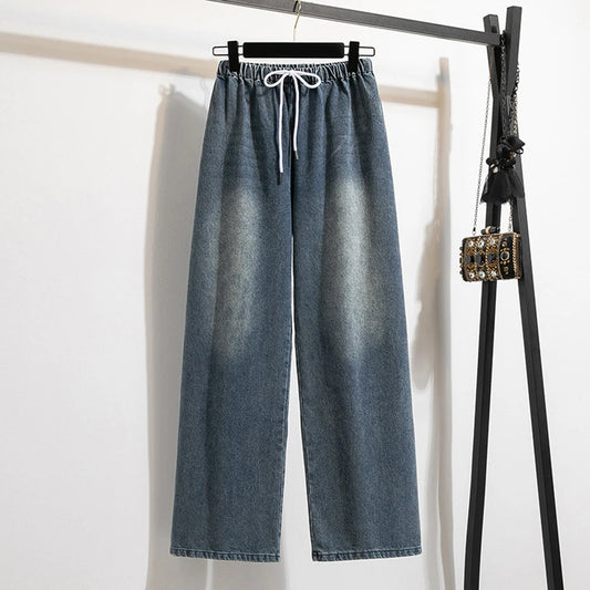 Oversized Jeans Women's 2025 New Spring Autumn Elastic Waist Lace-up Loose Gradient Wide Leg Long Female Denim Pants