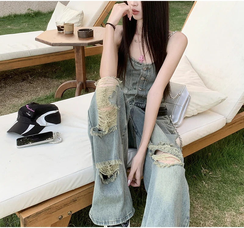 Women's Casual Denim Overalls Vintage Button Down Sexy Backless Holes Hollow Out Ripped Denim Full Pants Female 2024 New Jeans