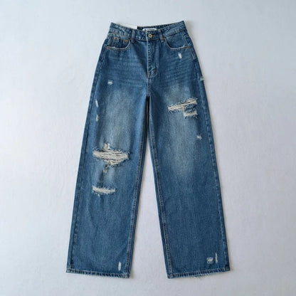 Women's Destroyed Jeans 2025 Spring Summer High Waist Loose Leg Floor-Length Distressed Denim Vintage Daily Staple