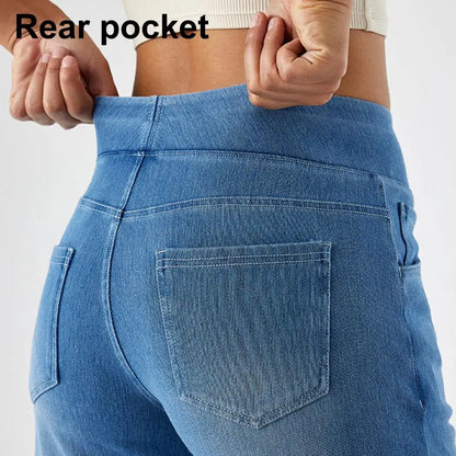 Women Jeans With Pockets Elastic High Waist Solid Color Full Length Pants Straight Wide Leg Trousers Sweatpant Daily Commuting