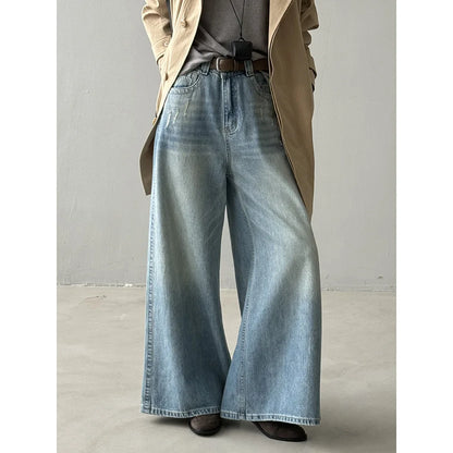 Women's Retro High-waisted Wide-leg Jeans  Loose  Slimming  Drapey  Casual Floor-length Pants for Autumn and Winter