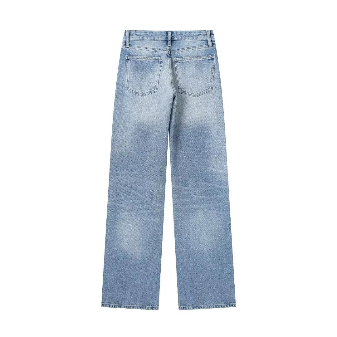 HH Female Fashion Denim Jeans Loose Solid Long Pants With Gradient All Match Streetwear Mujer Casual Baggy Chic Trousers