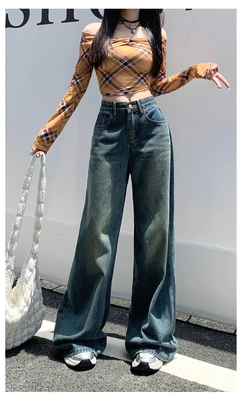 Women's Jeans Denim Pants 2025 Euramerican High Waist Girl Style Jean Trousers Colorful Straight Leg Wide Leg Pants