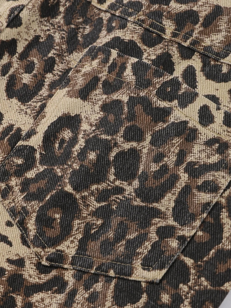 High-Waisted Leopard Print Denim Jeans for Women Retro Slim Straight Leg Trousers Vintage Y2k Hip Hop Streetwear Lady Fashion