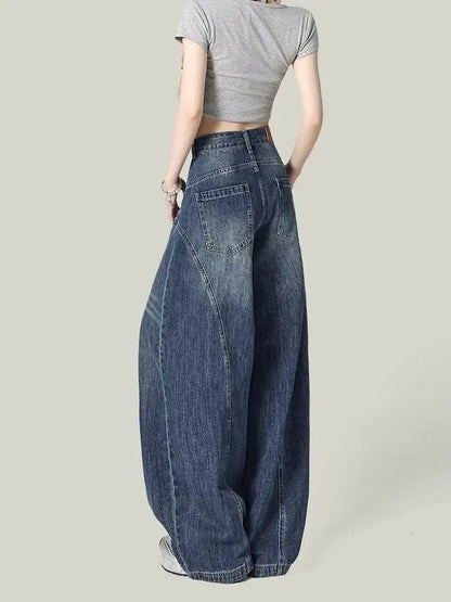 Washed blue textured high waisted retro casual jeans suitable for women in spring and autumn new Harajuku loose wide leg pants