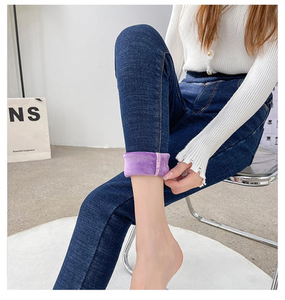 Women's Winter Jeans Fleece Warm Slim Pencil Trousers Elastic Waist Thicken Velvet Comfortable Mom Denim Pants Female