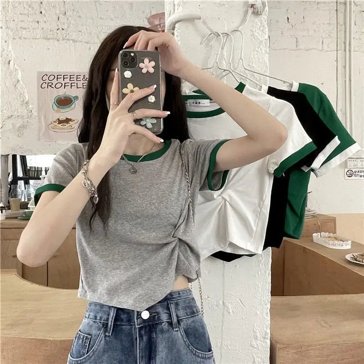 Women's Tops Trendy French Niche Girls T-shirts Chic Irregular Splicing Contrasting Colors Korean Style Modification Ins Style