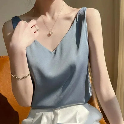 Tank Tops for Women Sleeveless V Neck Satin Silk Camisole 2025 Fashion Summer Solid Loose Vest Ladies Tops Streetwear