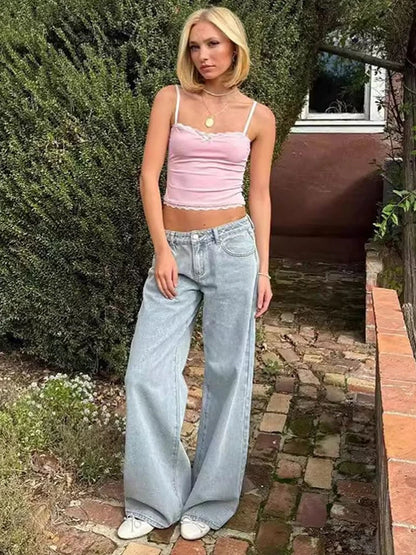 Blue Jeans for Women Pink Bow Embroidery Jeans Y2K Straight High Waist Vintage Casual Trousers Female Wide Leg Designer Pants