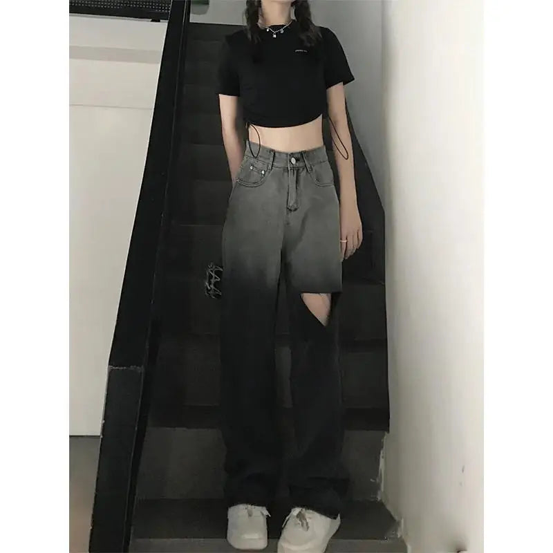 Ripped Jeans for Women Summer Design Niche High Waist Straight Pants Small Wide-leg Pants Retro Floor Trousers Trousers