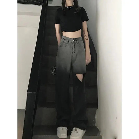 Ripped Jeans for Women Summer Design Niche High Waist Straight Pants Small Wide-leg Pants Retro Floor Trousers Trousers