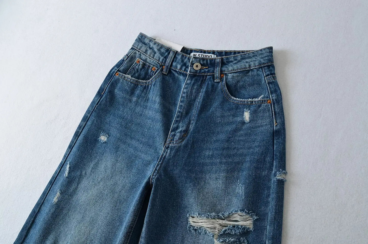 Women's Destroyed Jeans 2025 Spring Summer High Waist Loose Leg Floor-Length Distressed Denim Vintage Daily Staple