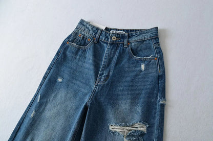 Women's Destroyed Jeans 2025 Spring Summer High Waist Loose Leg Floor-Length Distressed Denim Vintage Daily Staple