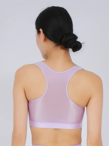 Women's Yoga Fitness Tops Sexy Candy Color UltraShort Crop Fashion Vest V Neck Oil Glossy Silky Smooth Elastic Tight Tanks Tees