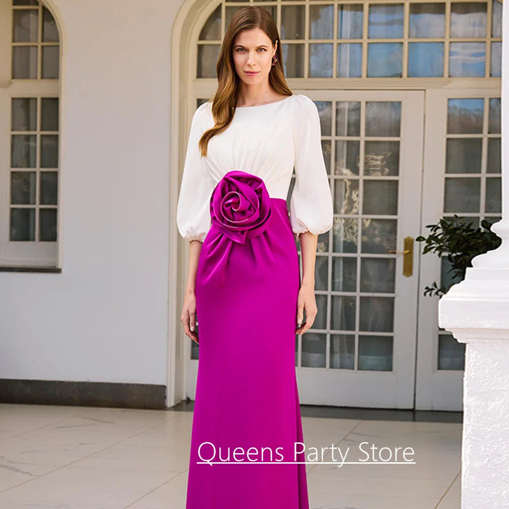 Modern Wedding Guest Dresses Customized Scoop Neck Puff Sleeves Big Flower Floor Length Mother of The Bride Dress Evening Gown