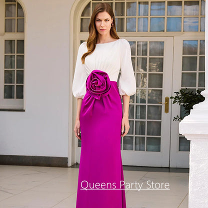 Modern Wedding Guest Dresses Customized Scoop Neck Puff Sleeves Big Flower Floor Length Mother of The Bride Dress Evening Gown