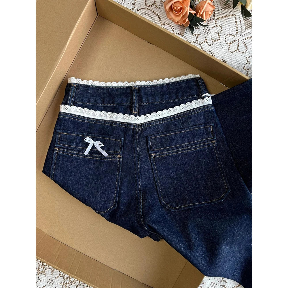 Retro Dark Blue Denim Pants for Women Spring Autumn Sweet Lace Bow Jeans Female American Style Straight Loose Wide Leg Pants