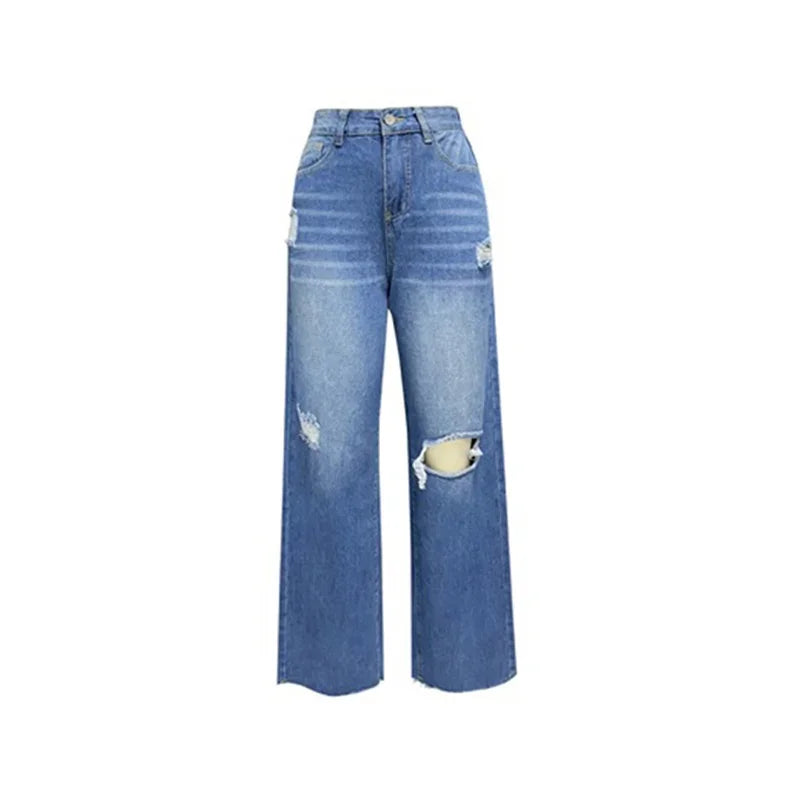 Women Knee Broken Holes Trend Straight Jeans Fashion Comfortable Casual High Waist Denim Pants Female Loose Wide Leg Trousers 24
