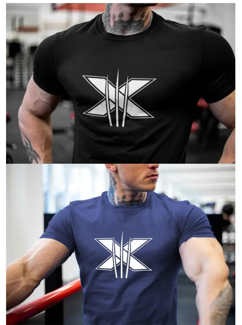 Men's Gym Fitness Clothing Man Cotton Sports Short Sleeve T-shirt Running Training Slim Printed Shirt Sweatshirt Casual Tops