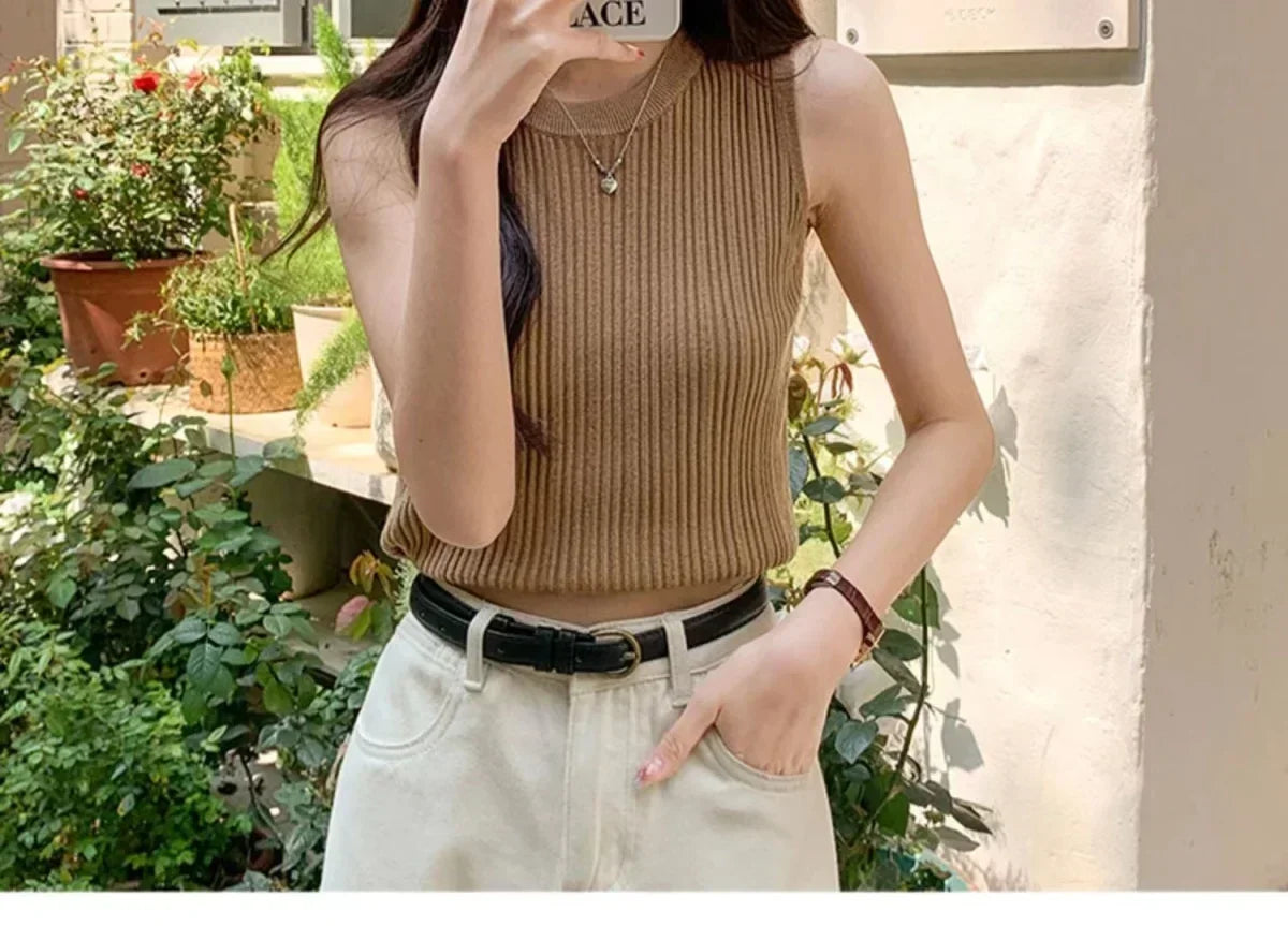 Sleeveless Blouse Shirt Women O-neck Rib Knit Vest Tank Plain Vest Tops Summer Female Basic Casual Tops Outfit