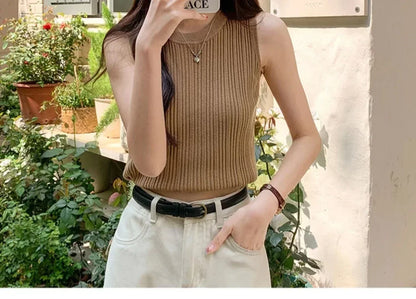 Sleeveless Blouse Shirt Women O-neck Rib Knit Vest Tank Plain Vest Tops Summer Female Basic Casual Tops Outfit