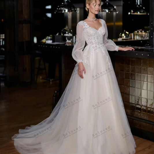 Gorgeous Wedding Dresses Vintage Bridal Gowns Lace Appliques Long Puff Sleeves Robes Backless 2025 Vestidos De Novia Customized