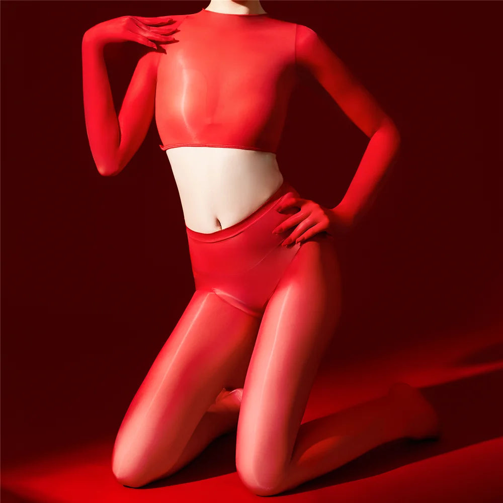 Sexy Women 5D 912 Pin Glove Sleeve Short Top Elastic T-shirt Sheer See Through Maid Tights Oil Glossy Shiny Crop Tops Yoga Wear