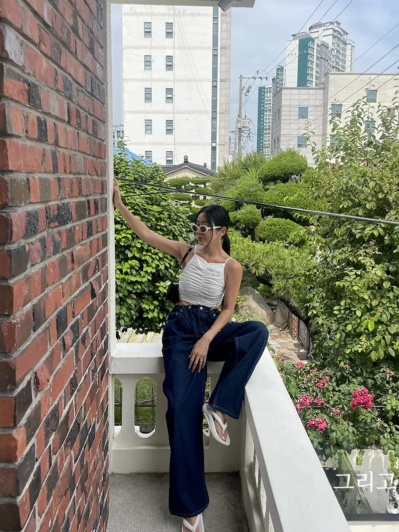 Korean Ins Retro Versatile High Waist Women's Straight Leg Jeans Summer New Fashion Loose Drawstring Design Women Wide Leg Jeans