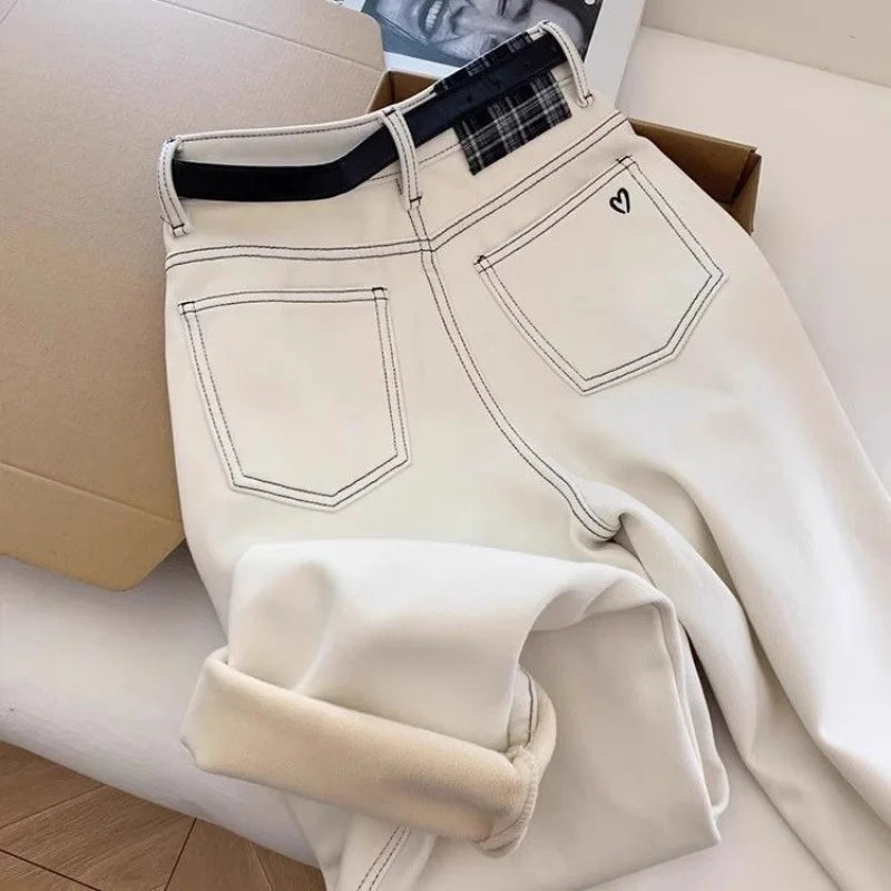 2025 Women's White Jeans High Waist Heart Embroidery Denim Pants Belted Casual Slim Fit Female Fashion Trousers